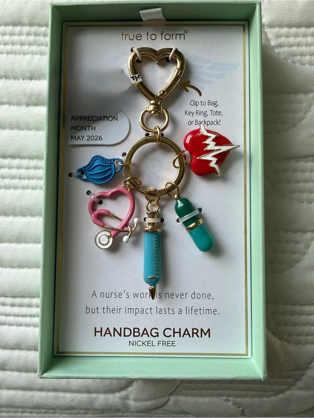 True to Form Nurse Charm Keyring in Turquoise, Pink, Red, Blue